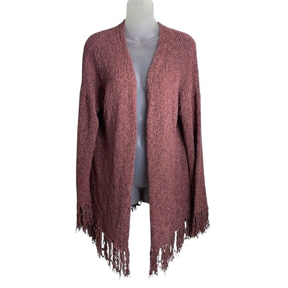 Very J Fringe Open Cardigan Women's Large Mauve Boho Chunky Knit Sweater Western - Picture 2 of 11